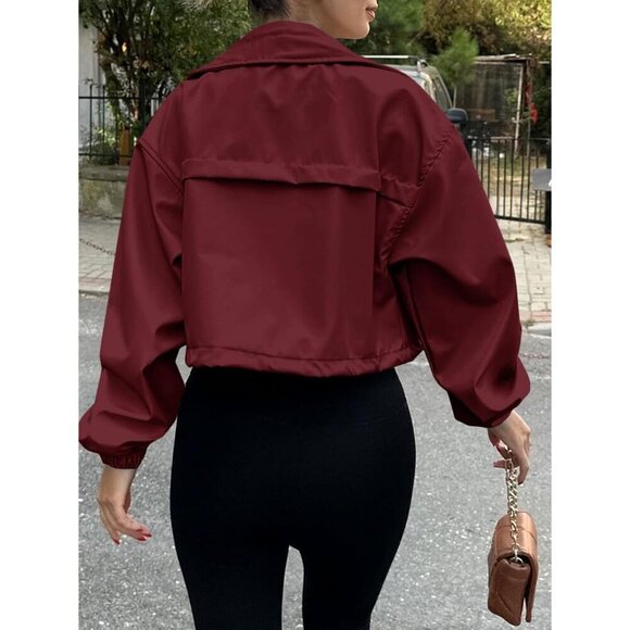 Womens Wine Red Tankaneo Cropped Jacket Zip Up Oversized Utility Anorak Coat - Picture 4 of 4